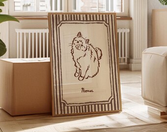 Retro Katze Gemälde mit Streifen, Handgemachtes Haustier Porträt, Bunte Digitale Wandkunst, Vintage Galerie, Eklektisches Tierdruck Einzigartiges Geschenk
