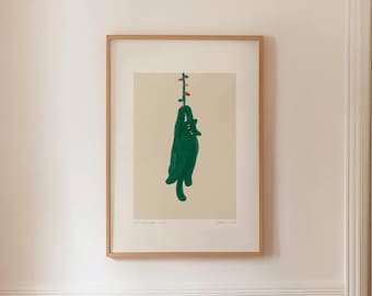 CHRISTMAS CAT 01 - Festive Holiday Wall Art, Funny Green Feline Poster, Digital Download