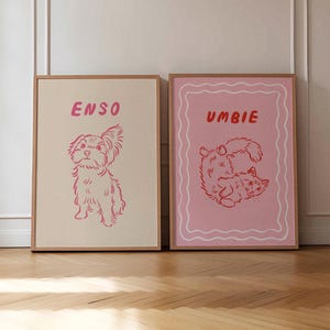 Set of 2 Custom Pet Portrait, Funky Multi Pet Print, Colorful Digital Poster, Cute Retro Wall Art, Minimal Line Drawing, Fun Dog Mom Gift
