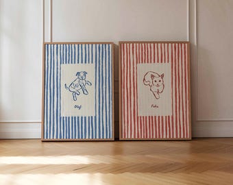 Zwei Tierportraits, Tierporträts mit Streifen, buntes handgemachtes Tierportrait, vielseitige digitale Wandkunst, moderne Galerie-Kunstdruck