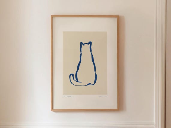 Minimalist Cat Wall Art, Modern Line Drawing Printable, Digital Pet Painting, Blue Contemporary Animal Sketch, Neutral Abstract Home Decor