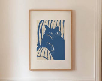 BLUE CAT 12 - Quirky Fat Cat Print, Abstract Mid Century Wall Art, Digital Download
