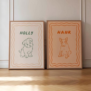 Set of 2 Funky Pet Portrait, Colorful Custom Poster, Cute Retro Digital Print, Girly Gallery Wall Art, Outline Illustration, Dog Mom Gift