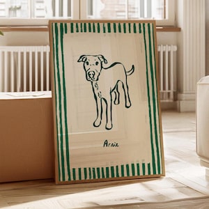 Eclectic Custom Dog Portrait with Stripes, Modern Hand Illustrated Painting, Colorful Digital Wall Art, Unique Personalized Animal Print