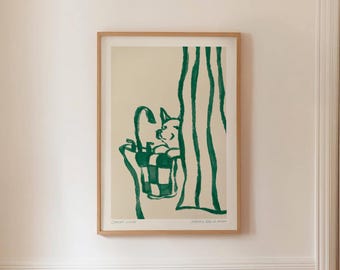 SNEAKY DOG 07 GREEN - Abstract Bathtub Wall Art, Emerald Green Mid Century Bathroom Print, Digital Download