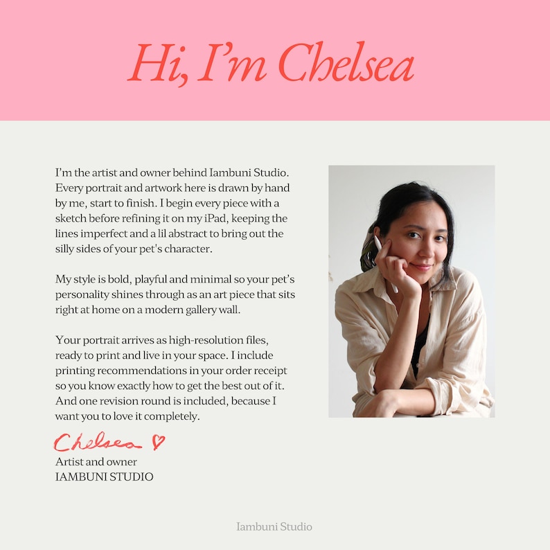 K&ouml;nnte beinhalten: Werbebild mit dem Text "Hi, I'm Chelsea" in roter Schrift. Das Bild enth&auml;lt ein Foto einer Frau und Text, der ihr Kunststudio, Iambuni Studio, beschreibt, das individuelle Haustierportr&auml;ts erstellt.