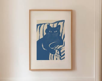 BLUE CAT 11 - Quirky Living Room Print, Abstract Mid Century Wall Art, Digital Download
