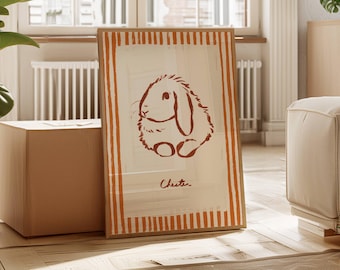 Custom Rabbit Portrait, Hand Drawn Mid Century Style Digital Painting (Digital Download)