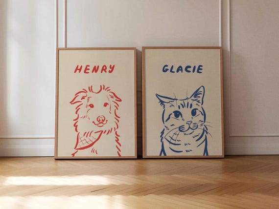 Set of 2 Unique Pet Portraits, Custom Modern Animal Poster, Colorful Gallery Wall, Simple Line Drawing, Digital Dog Print, Fun Cat Mom Gift
