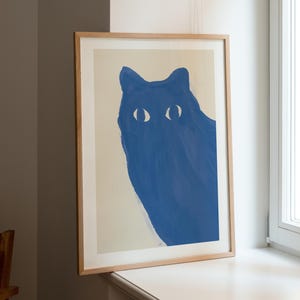 Curious Blue Cat, Animal Fine Art Print, Minimalist Painting, Colorful Gallery Wall, Contemporary Abstract Sketch Digital PRINTABLE Download
