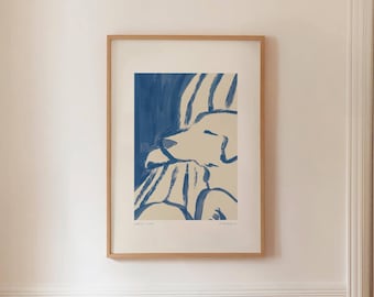 SOFA DOG 01 - Cozy Blue Dog Print, Striped Bedroom Wall Art, Digital Download