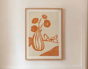 SNEAKY DOG 03 - Abstract Floral Wall Art, Still Life Kitchen Print, Eclectic Living Room Painting, Modern Animal Sketch (Digital Printable)