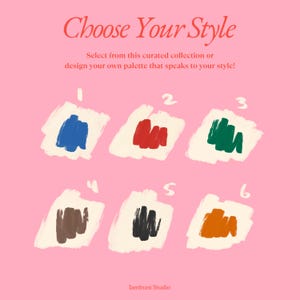 May include: A pink background with the text "Choose Your Style." Six colour swatches are displayed, each on a white background. The swatches include blue, red, green, brown, black, and orange. The text "lambuni Studio" is at the bottom.