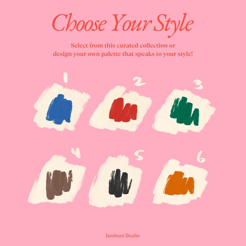 May include: A pink background with the text "Choose Your Style." Six colour swatches are displayed, each on a white background. The swatches include blue, red, green, brown, black, and orange. The text "lambuni Studio" is at the bottom.