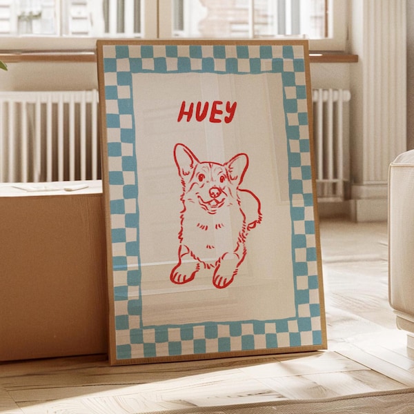 Custom Dog Portrait, Retro Pet Print, Personalized Drawing, Checkered Wall Art, Funky Animal Poster, Preppy Gallery, Fun Dog Mama Gift