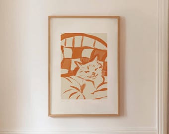 SOFA CAT 01 - Eclectic Living Room Wall Art, Mid Century Terracotta Cat Poster, Digital Download