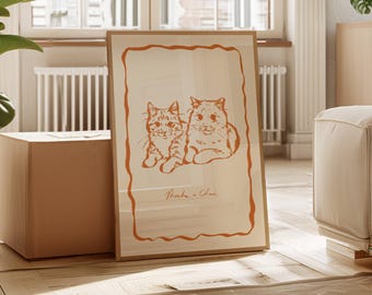 Zwei Katzen Portrait, Handgezeichnete Moderne Wandkunst, Funky Kunstdruck (Digitaler Download)