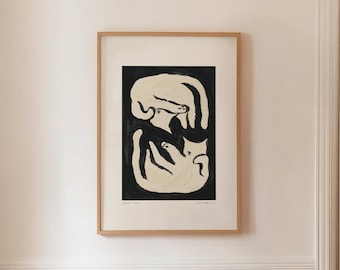 CAT FORMS 01 - Black Cat Print, Mid Century Office Decor, Digital Download