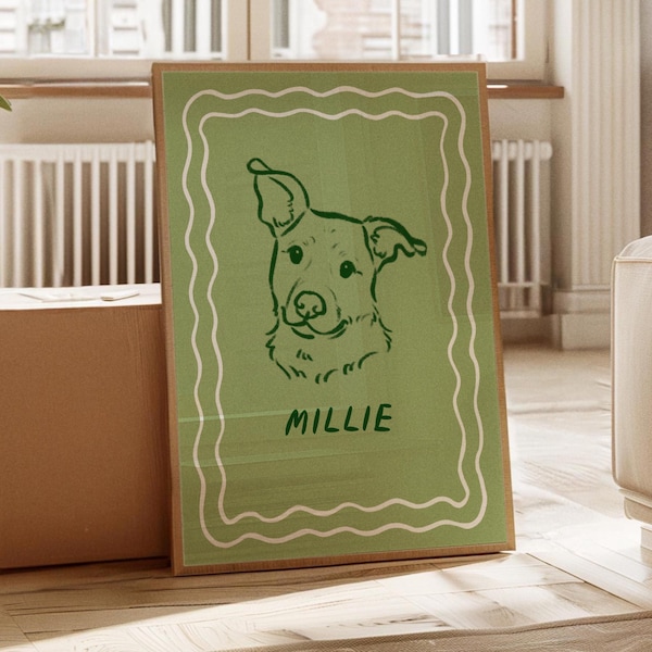 Funky aangepast hondenportret, schattig huisdier zeer fijne tekeningen, digitale huisdier poster, retro galeriemuur, leuke geïllustreerde print, handgetekende doodle, hond moeder cadeau