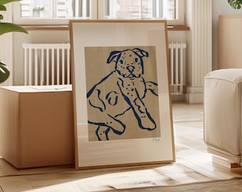Neutrales Haustierbild: Dunkelblauer Hund, Beiges Modernes Hundebild, Abstraktes Kunstwerk, Wabi Sabi Haus Dekor (druckbarer digitaler Download)