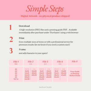 May include: A digital artwork image with a pink and white color scheme. The image provides instructions on how to download, print, and frame digital art. Includes size guides in inches and centimeters for various print sizes, such as 8x10 inches and 20x25 cm.