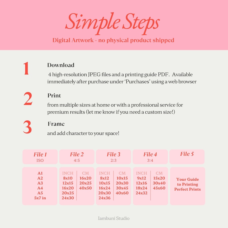 May include: A digital artwork image with a pink and white color scheme. The image provides instructions on how to download, print, and frame digital art. Includes size guides in inches and centimeters for various print sizes, such as 8x10 inches and 20x25 cm.