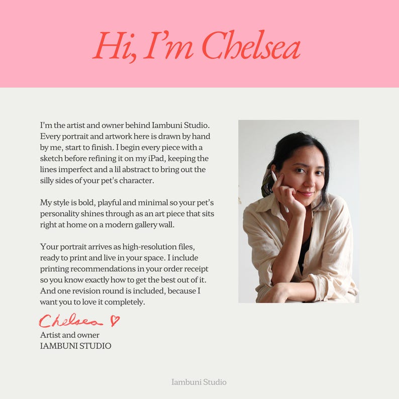 May include: Image featuring the text "Hi, I'm Chelsea" in red script. The image includes a photo of a woman and text describing her art studio, Iambuni Studio, which creates custom pet portraits.