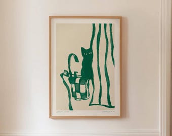 SNEAKY CAT 04 - Green Cat Wall Art, Abstract Mid Century Bathroom Print, Digital Download