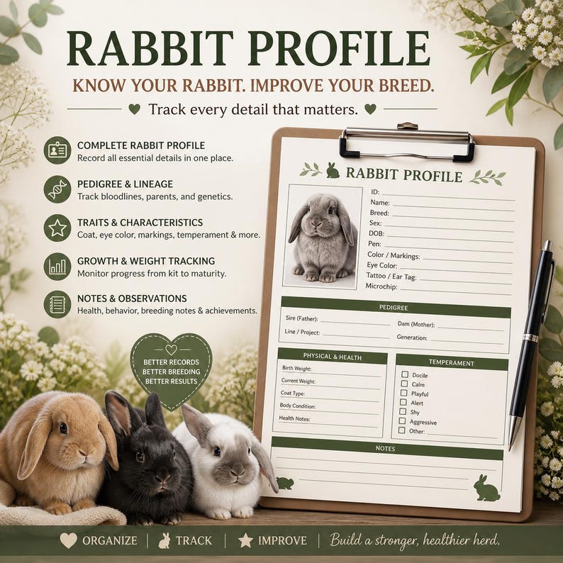 Rabbit Profile Record Sheet | Printable Rabbit Breeding Tracker ...