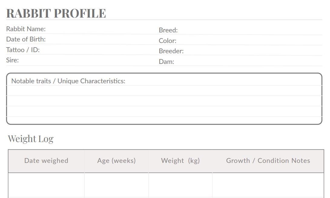 Rabbit Profile Record Sheet | Printable Rabbit Breeding Tracker ...