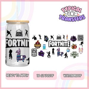 May include: A clear 16 ounce tumbler with a wood lid and a straw. The tumbler has a design of a llama, a video game character, and the words "Too Busy Playing Fortnite". The tumbler is ready to apply, waterproof, and made with UV-DTG printing.