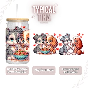 May include: A digital design featuring two cartoon dogs, one gray and one brown, eating spaghetti. The design is ready to apply as a UV DTF transfer, a physical item, or a permanent adhesive.