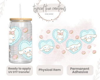 May include: A clear glass can-shaped tumbler with a bamboo lid and straw. The tumbler features a repeating pattern of a cartoon character inside a light blue heart, with pink accents. The words "typicaltina creations" are in the image.