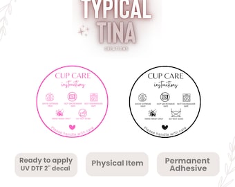 Decalcomania per la cura della tazza UVDTF rosa o nera / Pronta per l'applicazione / Misura 2"x2" / Alta qualità / Stampata internamente / Trasferimenti UVDTF