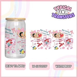 May include: A 16 ounce clear tumbler with a pink and white design featuring a cartoon couple, hearts, and the text "Daddy, Love Him" and "But Daddy, I Love Him". The tumbler is ready to apply and waterproof.