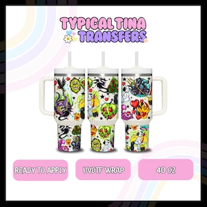 May include: Three 40 ounce stainless steel tumblers with a white background and colorful cartoon images of Disney villains. The tumblers are labeled "Ready to Apply", "UV DTF Wrap", and "40 oz".