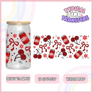 May include: A 16 ounce clear tumbler with a bamboo lid and straw. The tumbler is decorated with a repeating pattern of red cherry and Dr Pepper cans with red bows and white stars. The text "Typical Tina Transfers" is in the upper right corner of the image.