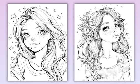 美しい女の子の塗り絵 - 30ページの美しい塗り絵 - デジタル