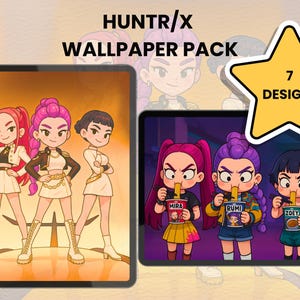 Könnte beinhalten: Digitales Wallpaper-Paket mit Cartoon-Illustrationen von drei Mädchen in modischen Outfits. Das Bild enthält den Text "HUNTR/X WALLPAPER PACK" und eine sternförmige Grafik mit "7 DESIGNS". Die Wallpaper zeigen eine Vielzahl von Designs.