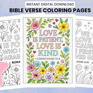 May include: Digital Bible verse coloring pages with floral designs and inspirational quotes. The pages feature the text "Love is Patient, Love is Kind" and other verses. Includes a pink star-shaped graphic with the text "18 Unique Designs".