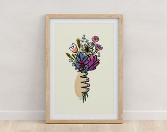 Affiche Illustration colorée d'un bouquet de fleurs roses, jaunes et bleues, SELFLOWERS