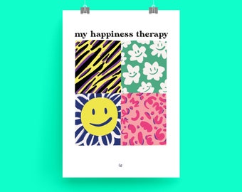 Affiche Illustration, dessin de motifs jaune, bleu et vert, citation joyeuse pour se booster, MY HAPPINESS THERAPY