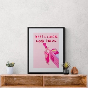 What's Cooking Good Looking, Cheeky Cooking Doggo, Vibrant, Fun and Quirky Pink Wall Art Print, Available in Sizes A5, A4 & A3
