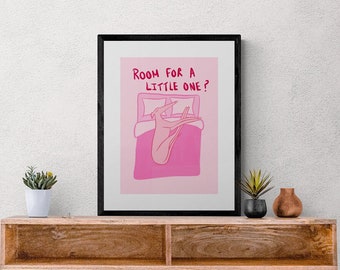 Room for a little one? Sleeping Doggo Themed Vibrant, Fun and Quirky Pink Wall art print, Available in Sizes A5, A4 & A3
