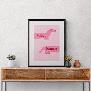 Silly Sausage, Vibrant, Fun and Quirky Sausage Dog, Pink Wall Art Print, Available in Sizes A5, A4 & A3