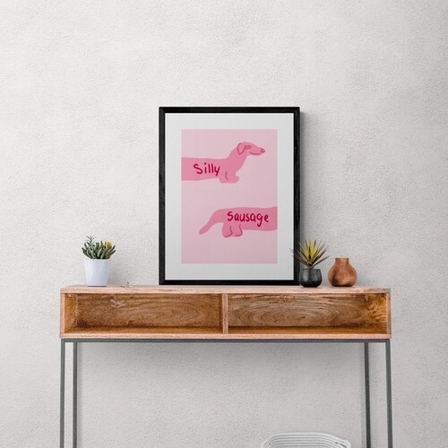 Silly Sausage, Vibrant, Fun and Quirky Sausage Dog, Pink Wall Art Print, Available in Sizes A5, A4 & A3