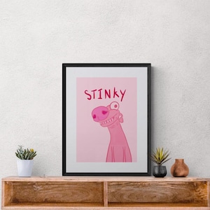 Stinky, Cheeky Grinning Smelly Doggo, Vibrant, Fun and Quirky Pink Wall Art Print, Available in Sizes A5, A4 & A3