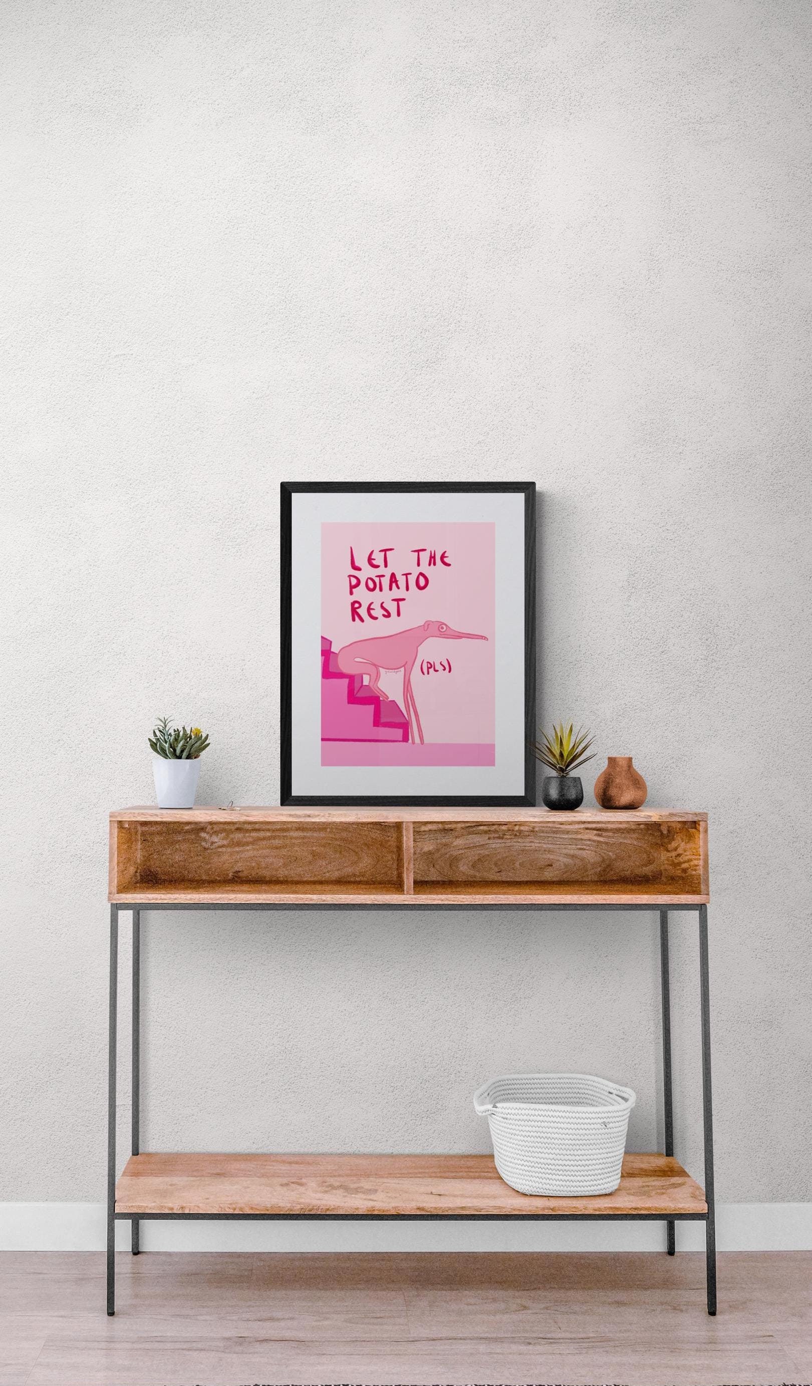 Let The Potato Rest, The Sighthound Seated Position, Vibrant, Fun and Quirky Pink Wall Art Print, Available in Sizes A5, A4 & A3