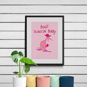 Boot Scootin' Baby, Scooting Cowboy Dog, Vibrant, Fun and Quirky Pink Wall Art Print, Available in Sizes A5, A4 & A3