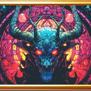 May include: A digital art print of a colorful, demonic creature with horns, glowing red eyes, and a skull-like face. The creature is surrounded by a swirling pattern of neon colors.
